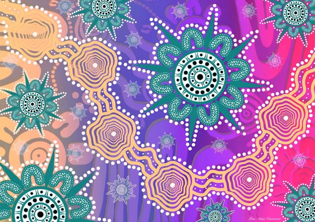Indigenous artwork 'Life and Stars' for VOB 2023 guidemap program by First Nations artist Lisa Anne Caruana 2023
