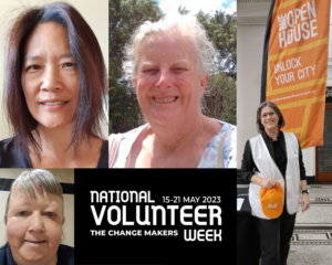 a collage of four smiling women who are volunteers